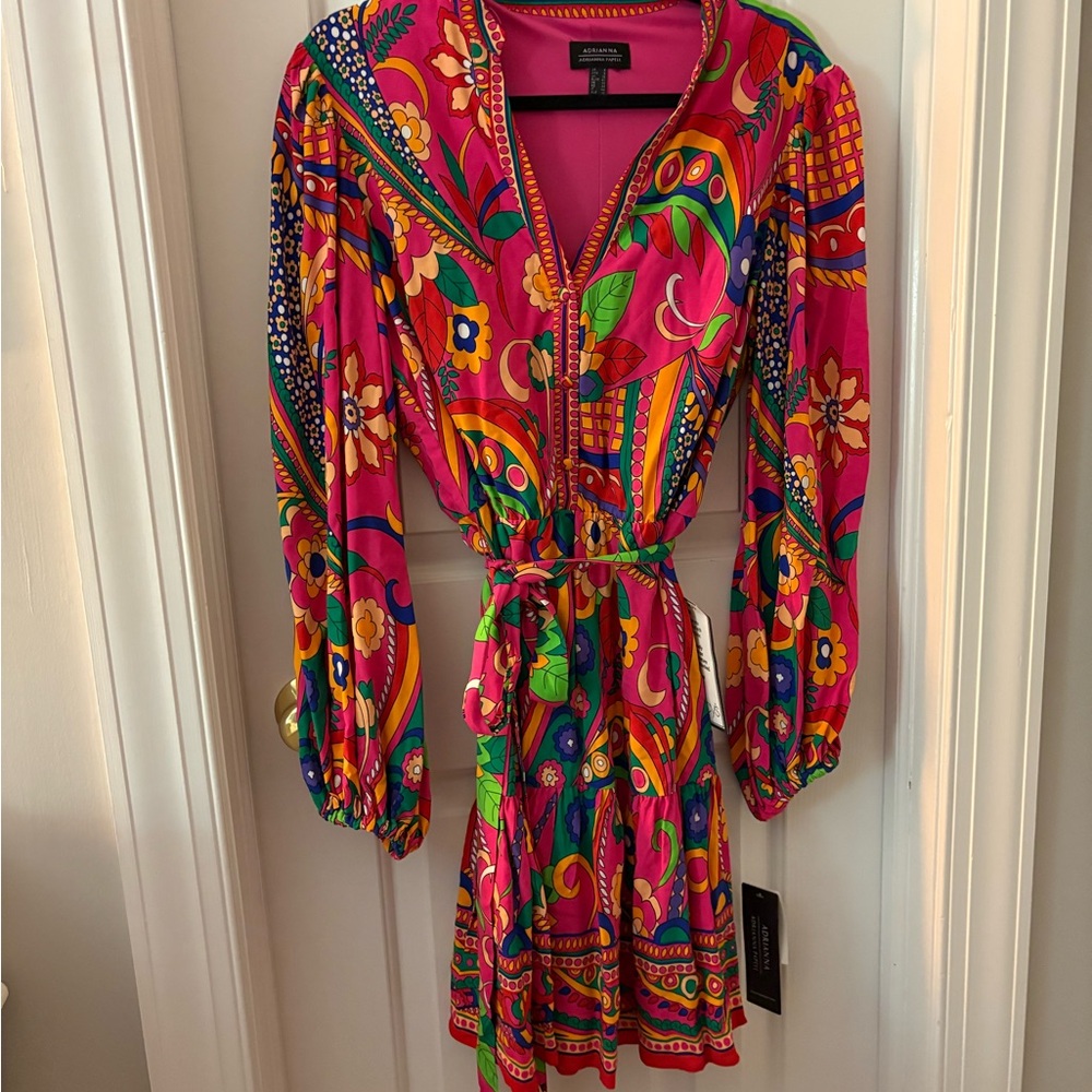 Adrianna Papell Fuchsia Multicolor Long Sleeve Printed Tie-Waist Dress